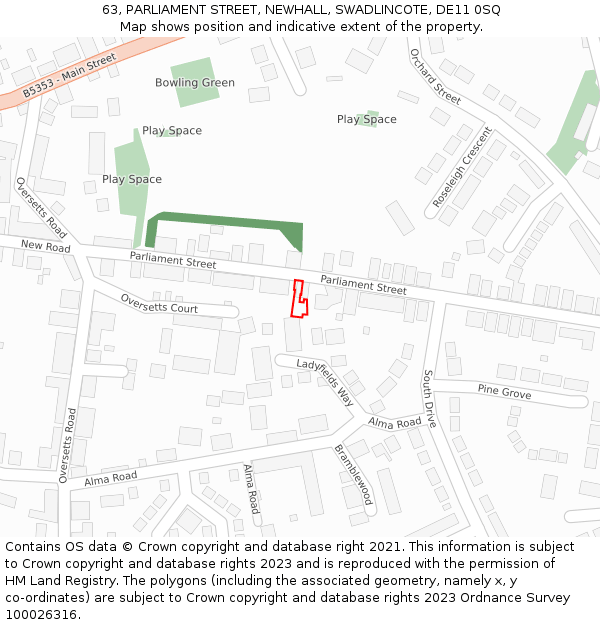 63, PARLIAMENT STREET, NEWHALL, SWADLINCOTE, DE11 0SQ: Location map and indicative extent of plot