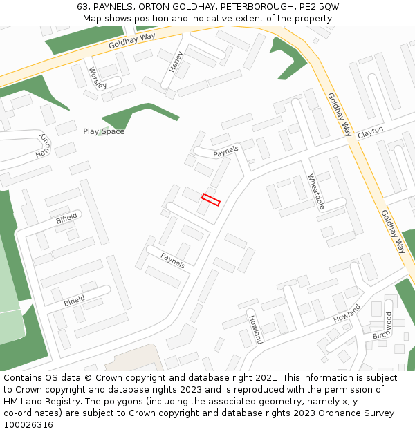 63, PAYNELS, ORTON GOLDHAY, PETERBOROUGH, PE2 5QW: Location map and indicative extent of plot