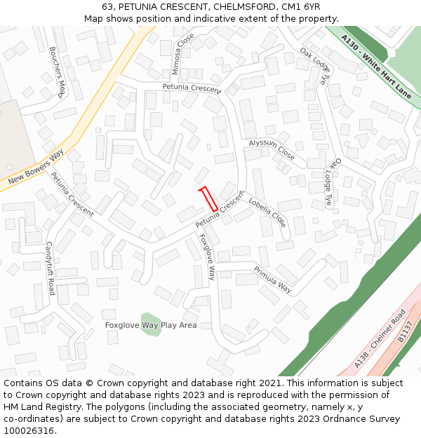 63, PETUNIA CRESCENT, CHELMSFORD, CM1 6YR: Location map and indicative extent of plot