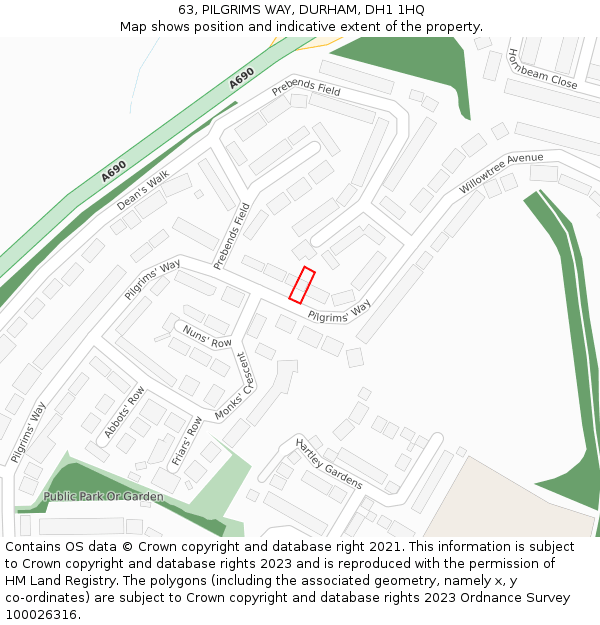 63, PILGRIMS WAY, DURHAM, DH1 1HQ: Location map and indicative extent of plot