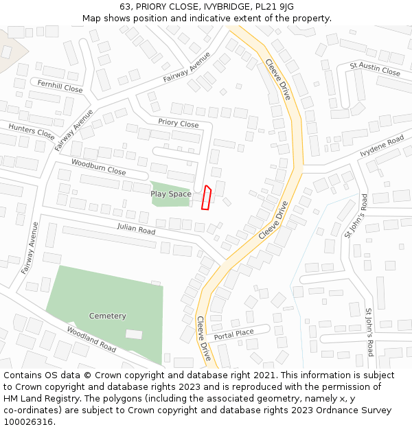 63, PRIORY CLOSE, IVYBRIDGE, PL21 9JG: Location map and indicative extent of plot