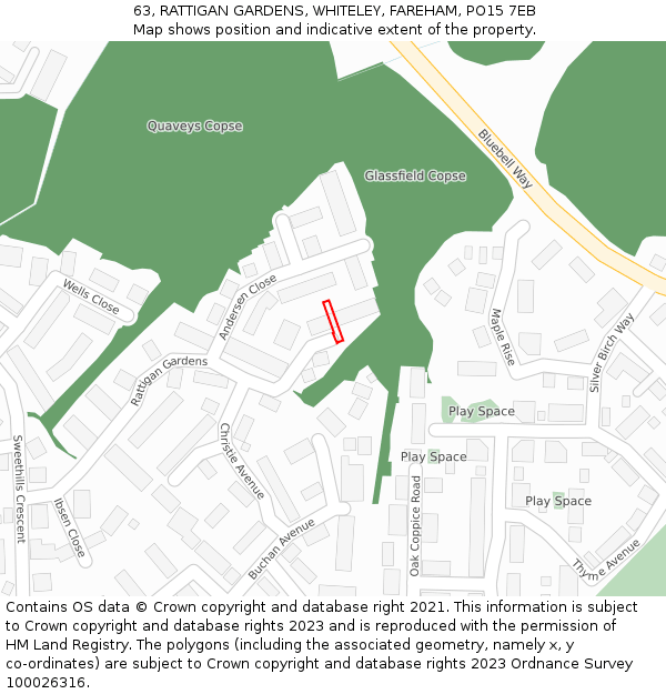 63, RATTIGAN GARDENS, WHITELEY, FAREHAM, PO15 7EB: Location map and indicative extent of plot