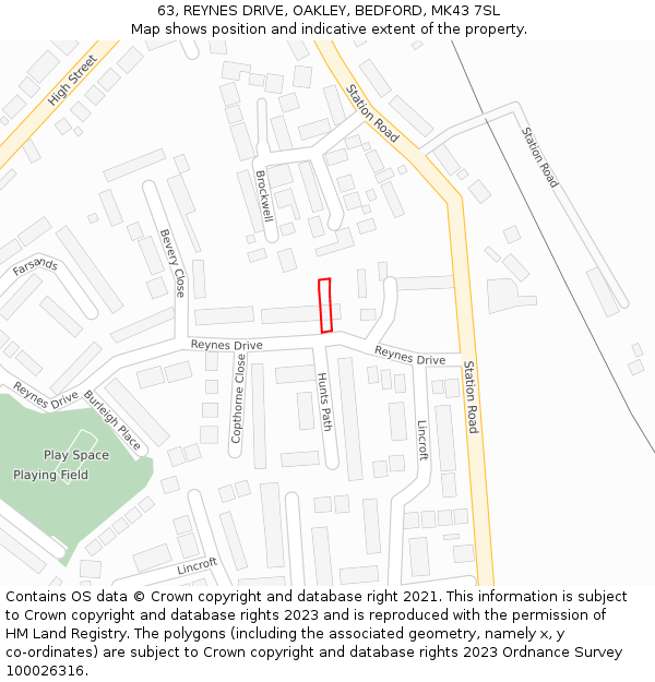 63, REYNES DRIVE, OAKLEY, BEDFORD, MK43 7SL: Location map and indicative extent of plot