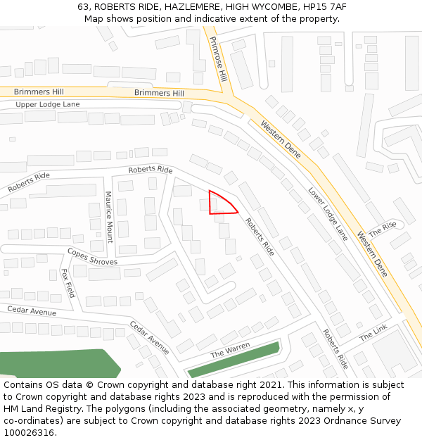 63, ROBERTS RIDE, HAZLEMERE, HIGH WYCOMBE, HP15 7AF: Location map and indicative extent of plot