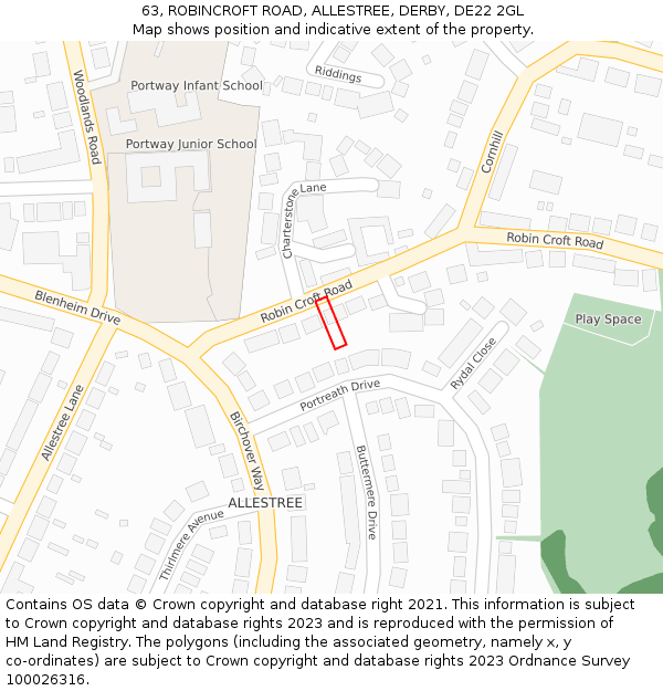 63, ROBINCROFT ROAD, ALLESTREE, DERBY, DE22 2GL: Location map and indicative extent of plot