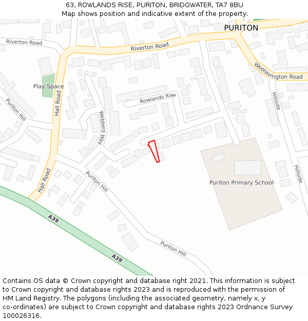 63, ROWLANDS RISE, PURITON, BRIDGWATER, TA7 8BU: Location map and indicative extent of plot