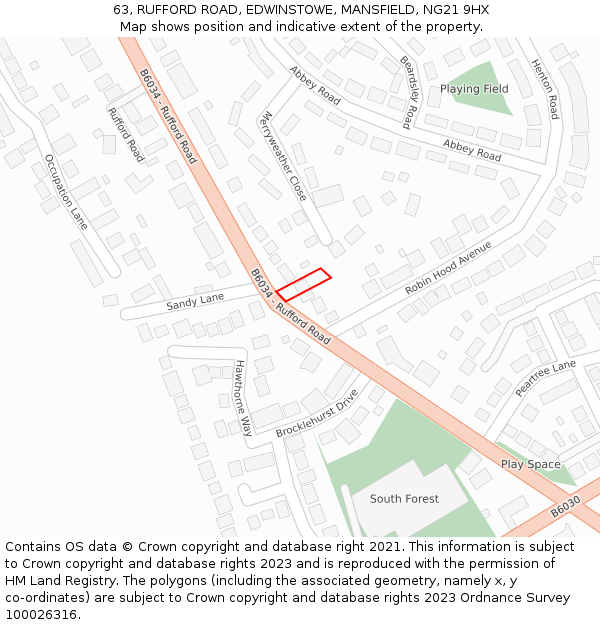 63, RUFFORD ROAD, EDWINSTOWE, MANSFIELD, NG21 9HX: Location map and indicative extent of plot