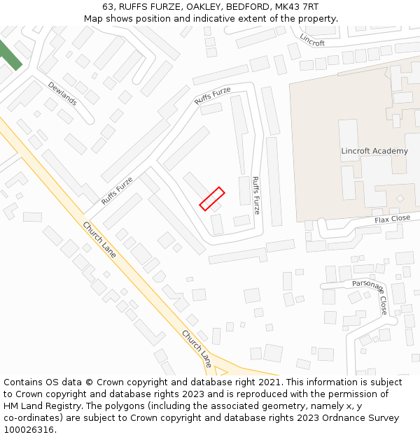 63, RUFFS FURZE, OAKLEY, BEDFORD, MK43 7RT: Location map and indicative extent of plot