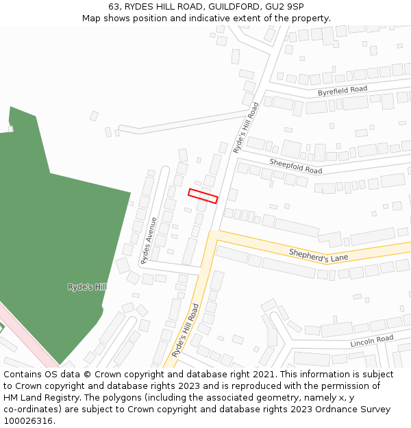 63, RYDES HILL ROAD, GUILDFORD, GU2 9SP: Location map and indicative extent of plot