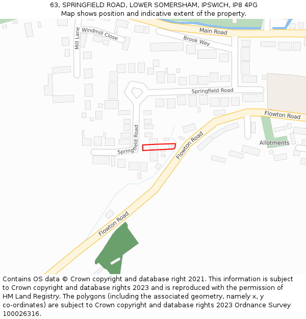 63, SPRINGFIELD ROAD, LOWER SOMERSHAM, IPSWICH, IP8 4PG: Location map and indicative extent of plot