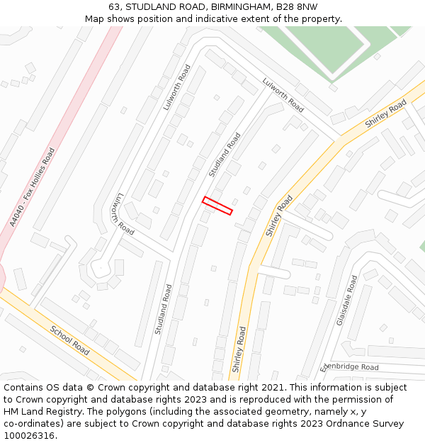 63, STUDLAND ROAD, BIRMINGHAM, B28 8NW: Location map and indicative extent of plot