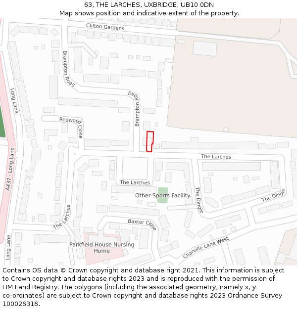 63, THE LARCHES, UXBRIDGE, UB10 0DN: Location map and indicative extent of plot