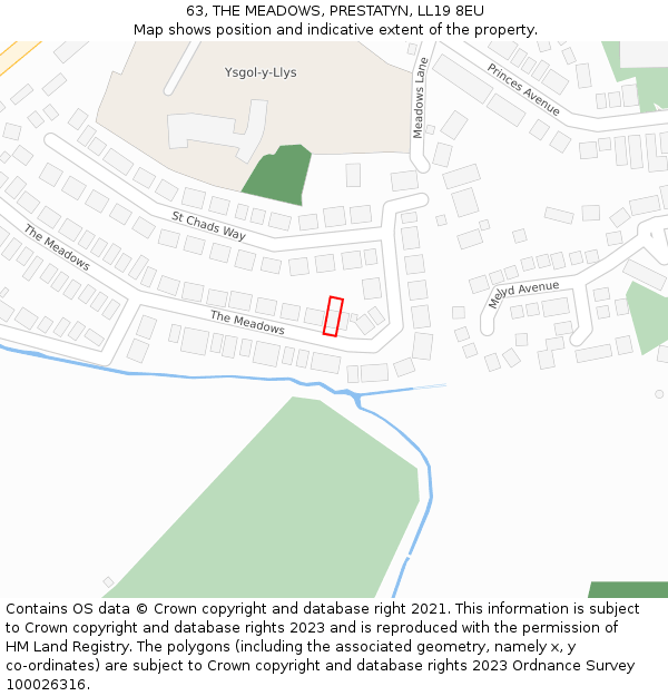 63, THE MEADOWS, PRESTATYN, LL19 8EU: Location map and indicative extent of plot