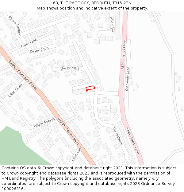 63, THE PADDOCK, REDRUTH, TR15 2BN: Location map and indicative extent of plot