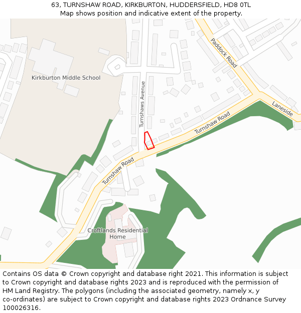 63, TURNSHAW ROAD, KIRKBURTON, HUDDERSFIELD, HD8 0TL: Location map and indicative extent of plot