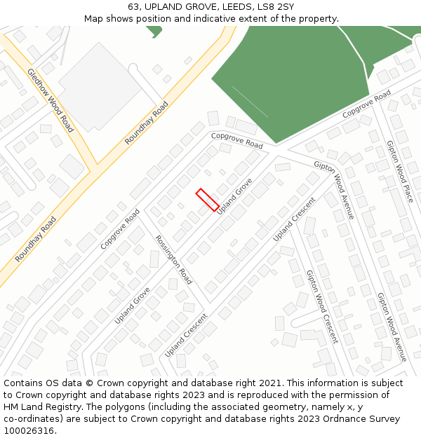 63, UPLAND GROVE, LEEDS, LS8 2SY: Location map and indicative extent of plot