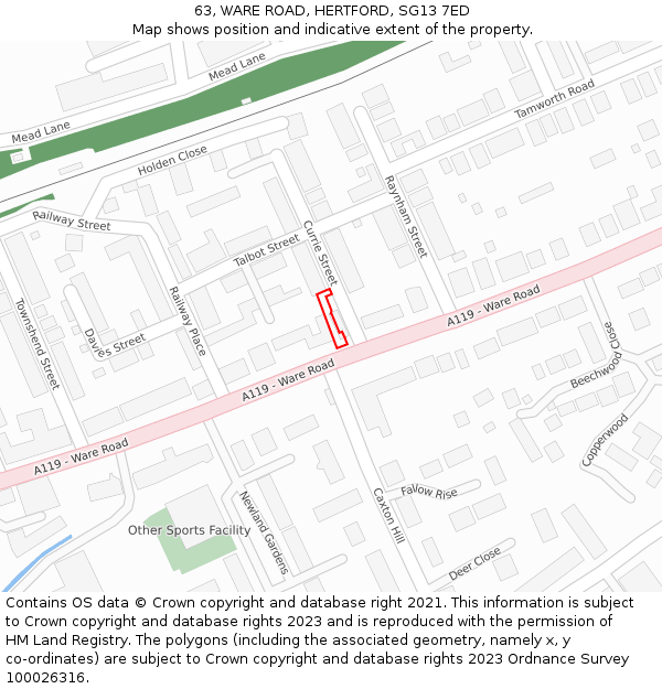 63, WARE ROAD, HERTFORD, SG13 7ED: Location map and indicative extent of plot