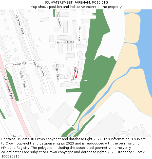 63, WATERSMEET, FAREHAM, PO16 0TG: Location map and indicative extent of plot