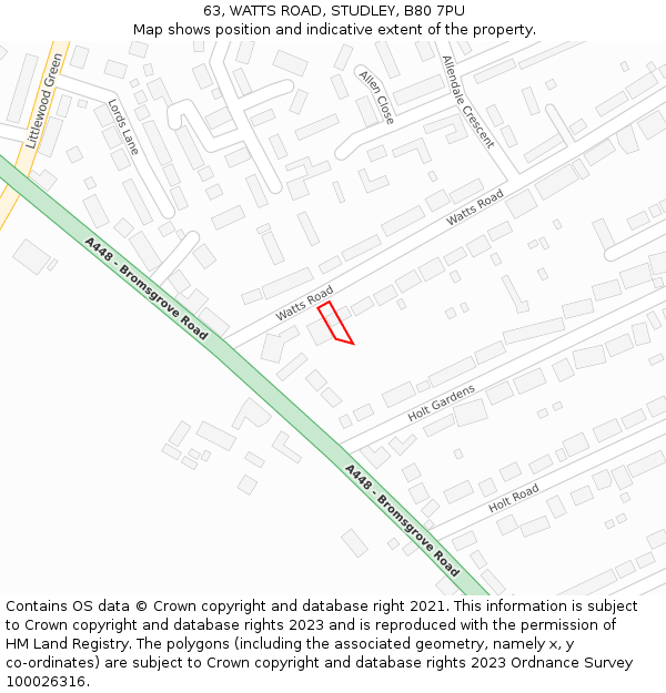 63, WATTS ROAD, STUDLEY, B80 7PU: Location map and indicative extent of plot