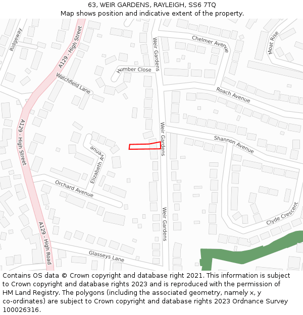 63, WEIR GARDENS, RAYLEIGH, SS6 7TQ: Location map and indicative extent of plot