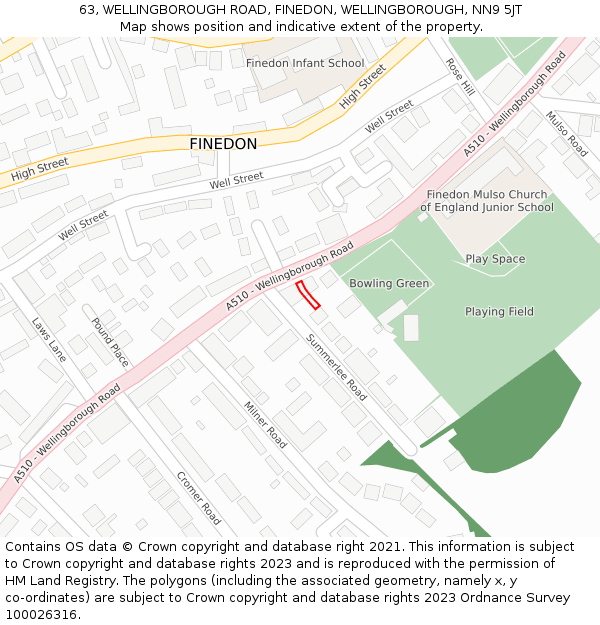 63, WELLINGBOROUGH ROAD, FINEDON, WELLINGBOROUGH, NN9 5JT: Location map and indicative extent of plot