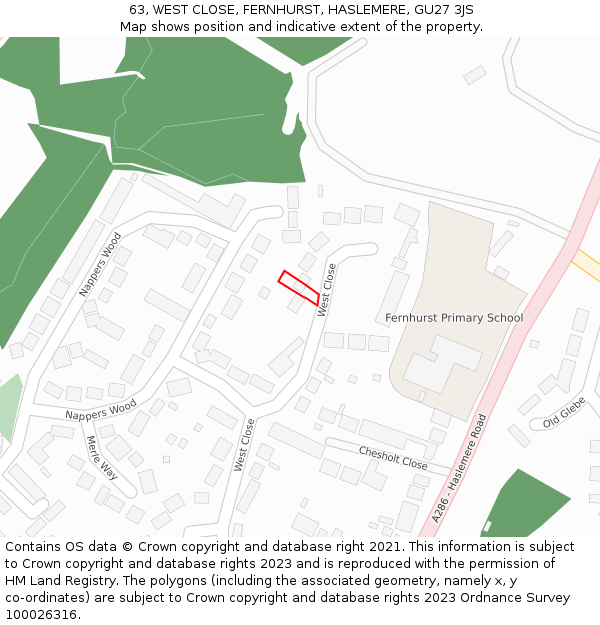 63, WEST CLOSE, FERNHURST, HASLEMERE, GU27 3JS: Location map and indicative extent of plot
