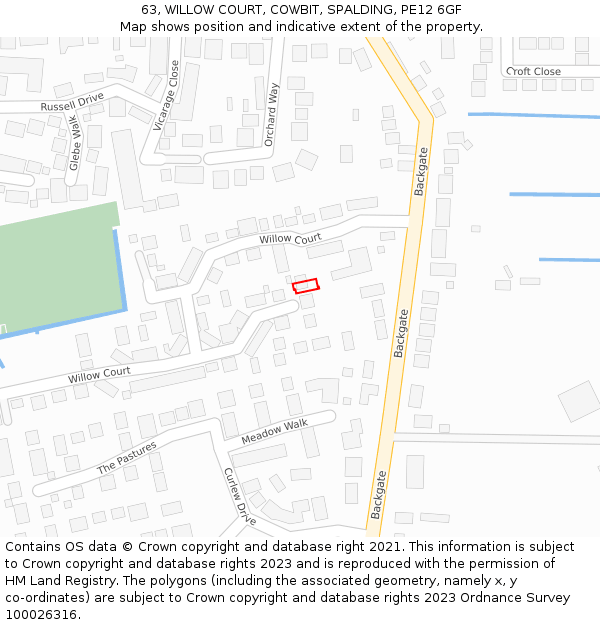 63, WILLOW COURT, COWBIT, SPALDING, PE12 6GF: Location map and indicative extent of plot