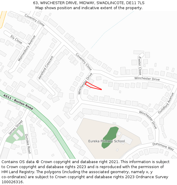 63, WINCHESTER DRIVE, MIDWAY, SWADLINCOTE, DE11 7LS: Location map and indicative extent of plot