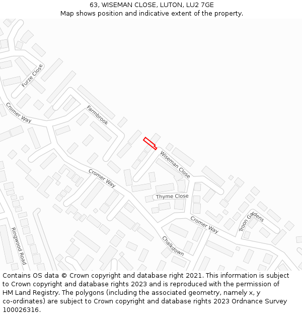 63, WISEMAN CLOSE, LUTON, LU2 7GE: Location map and indicative extent of plot