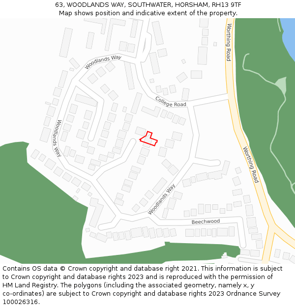 63, WOODLANDS WAY, SOUTHWATER, HORSHAM, RH13 9TF: Location map and indicative extent of plot