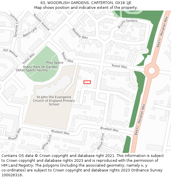 63, WOODRUSH GARDENS, CARTERTON, OX18 1JE: Location map and indicative extent of plot