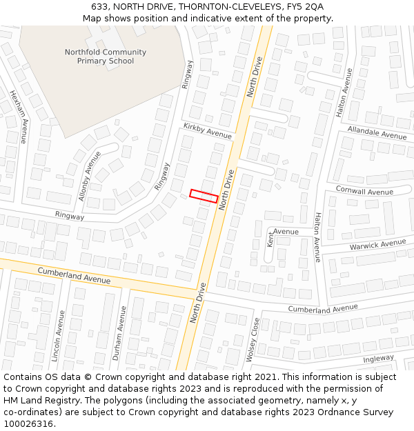 633, NORTH DRIVE, THORNTON-CLEVELEYS, FY5 2QA: Location map and indicative extent of plot