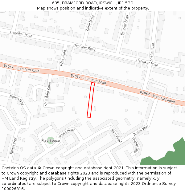 635, BRAMFORD ROAD, IPSWICH, IP1 5BD: Location map and indicative extent of plot