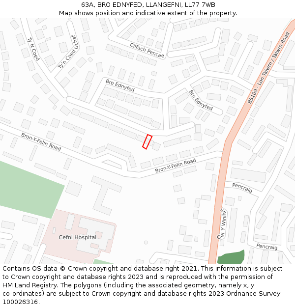 63A, BRO EDNYFED, LLANGEFNI, LL77 7WB: Location map and indicative extent of plot