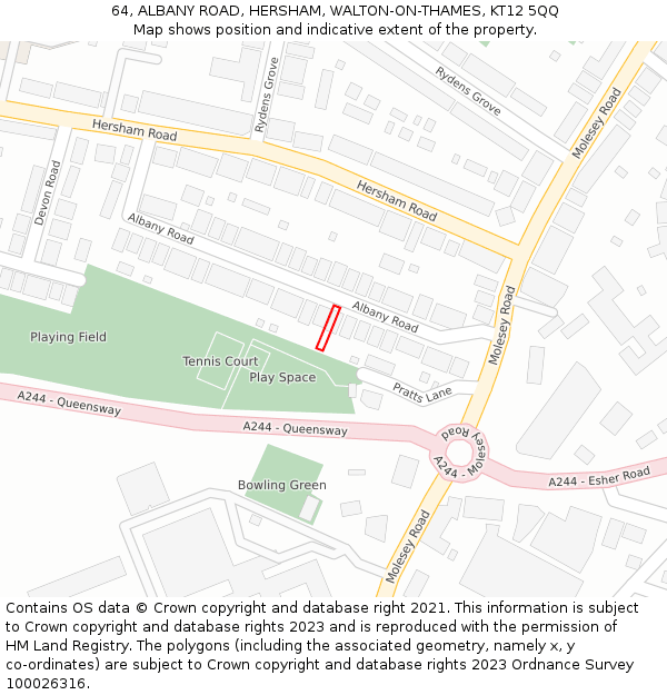 64, ALBANY ROAD, HERSHAM, WALTON-ON-THAMES, KT12 5QQ: Location map and indicative extent of plot