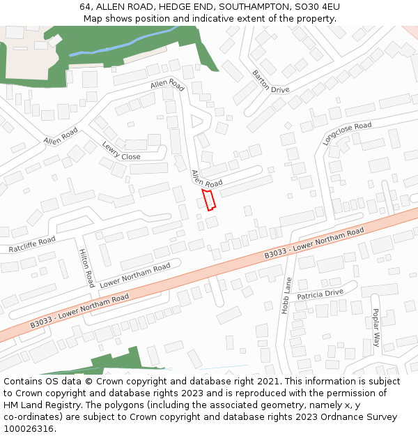 64, ALLEN ROAD, HEDGE END, SOUTHAMPTON, SO30 4EU: Location map and indicative extent of plot