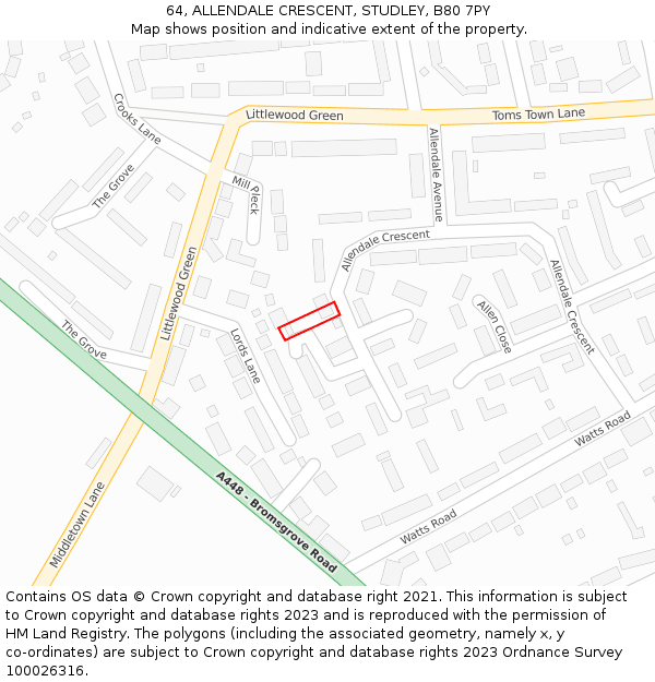 64, ALLENDALE CRESCENT, STUDLEY, B80 7PY: Location map and indicative extent of plot