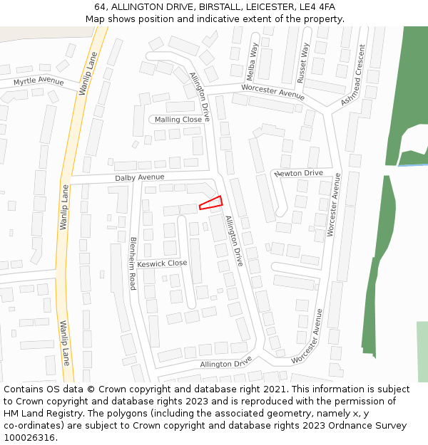 64, ALLINGTON DRIVE, BIRSTALL, LEICESTER, LE4 4FA: Location map and indicative extent of plot