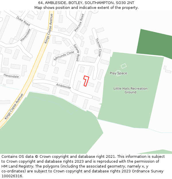 64, AMBLESIDE, BOTLEY, SOUTHAMPTON, SO30 2NT: Location map and indicative extent of plot