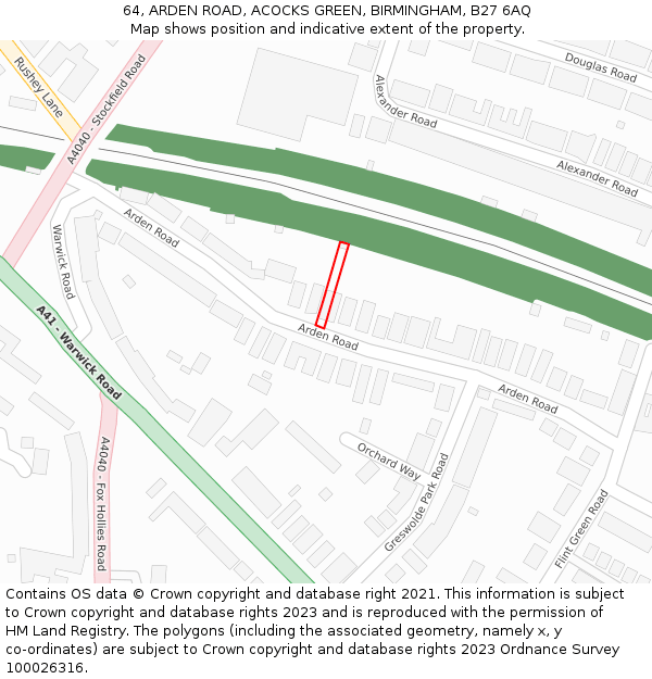 64, ARDEN ROAD, ACOCKS GREEN, BIRMINGHAM, B27 6AQ: Location map and indicative extent of plot