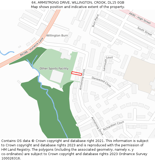 64, ARMSTRONG DRIVE, WILLINGTON, CROOK, DL15 0GB: Location map and indicative extent of plot