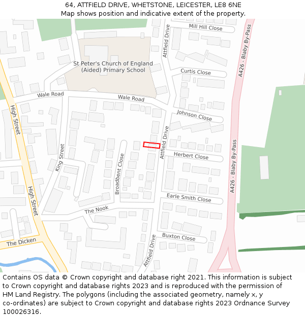 64, ATTFIELD DRIVE, WHETSTONE, LEICESTER, LE8 6NE: Location map and indicative extent of plot