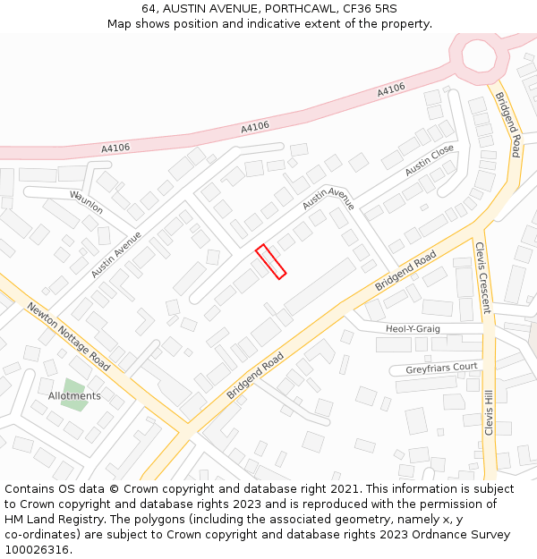 64, AUSTIN AVENUE, PORTHCAWL, CF36 5RS: Location map and indicative extent of plot