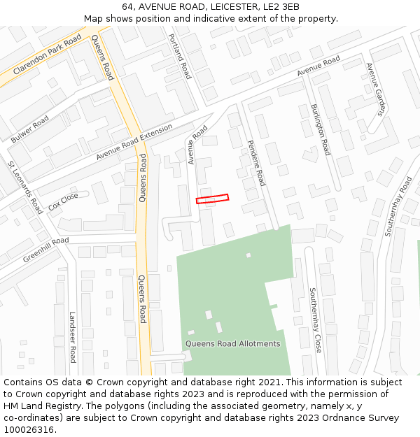64, AVENUE ROAD, LEICESTER, LE2 3EB: Location map and indicative extent of plot