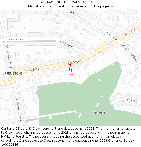 64, AVON STREET, COVENTRY, CV2 3GL: Location map and indicative extent of plot