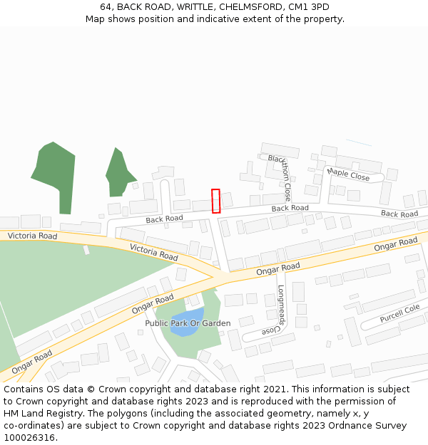 64, BACK ROAD, WRITTLE, CHELMSFORD, CM1 3PD: Location map and indicative extent of plot