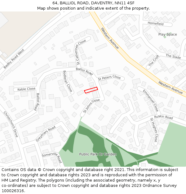 64, BALLIOL ROAD, DAVENTRY, NN11 4SF: Location map and indicative extent of plot
