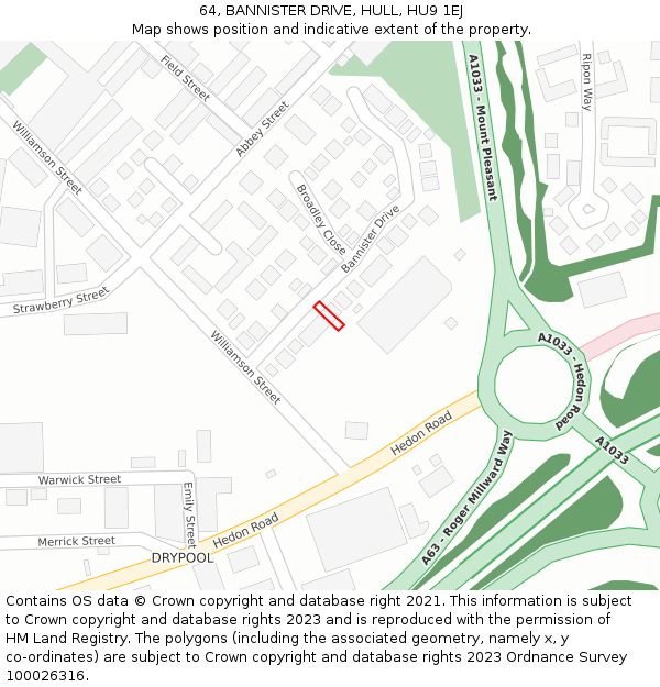 64, BANNISTER DRIVE, HULL, HU9 1EJ: Location map and indicative extent of plot