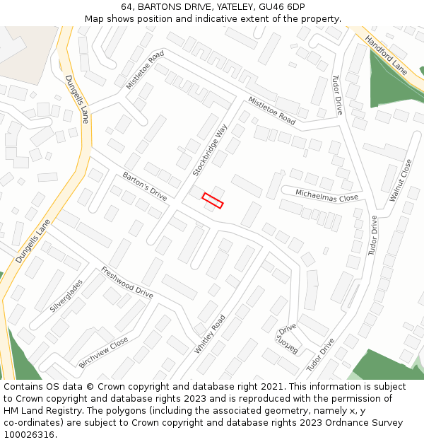64, BARTONS DRIVE, YATELEY, GU46 6DP: Location map and indicative extent of plot
