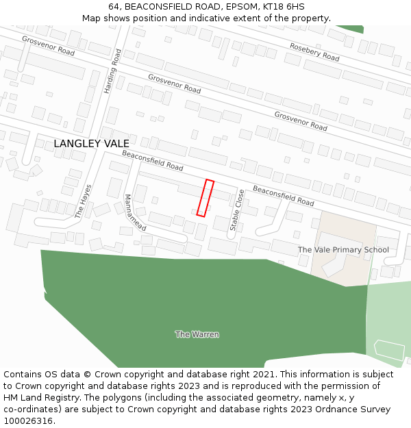64, BEACONSFIELD ROAD, EPSOM, KT18 6HS: Location map and indicative extent of plot